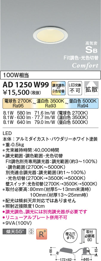 コイズミ（KOIZUMI）ダウンライト AD1250W99