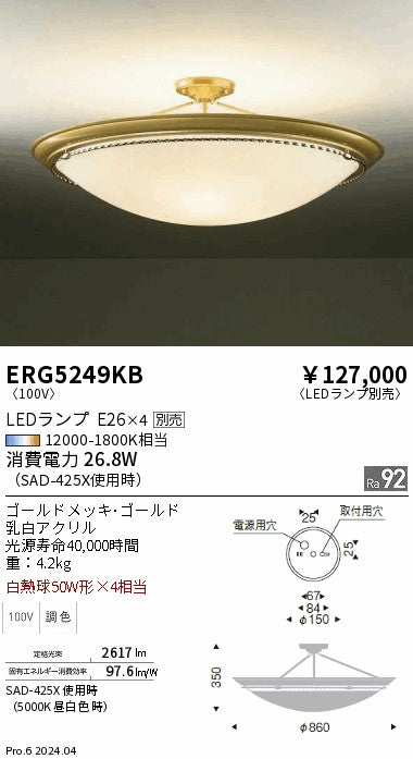 遠藤照明（ENDO）シーリングライト ERG5249KB