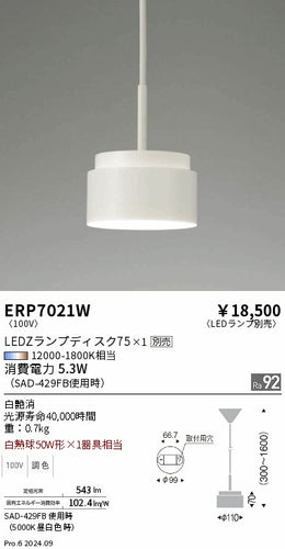 遠藤照明（ENDO）ペンダント ERP7021W