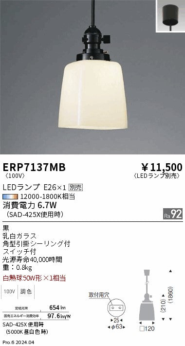遠藤照明（ENDO）ペンダント ERP7137MB