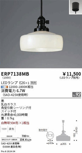 遠藤照明（ENDO）ペンダント ERP7138MB