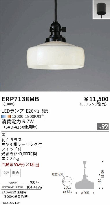 遠藤照明（ENDO）ペンダント ERP7138MB