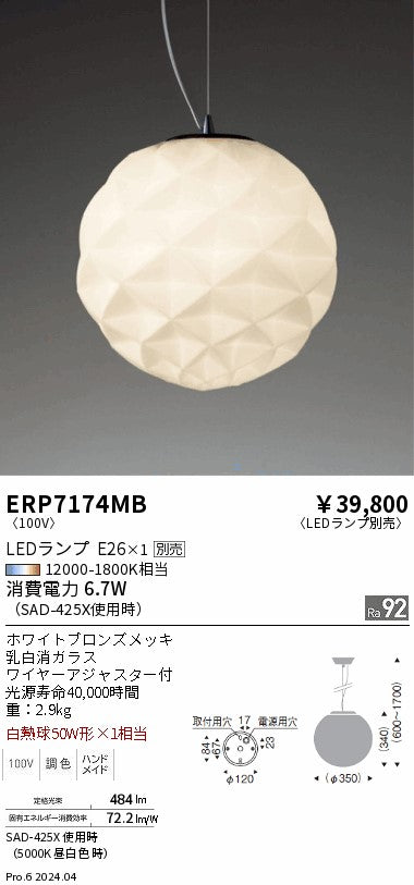 遠藤照明（ENDO）ペンダント ERP7174MB