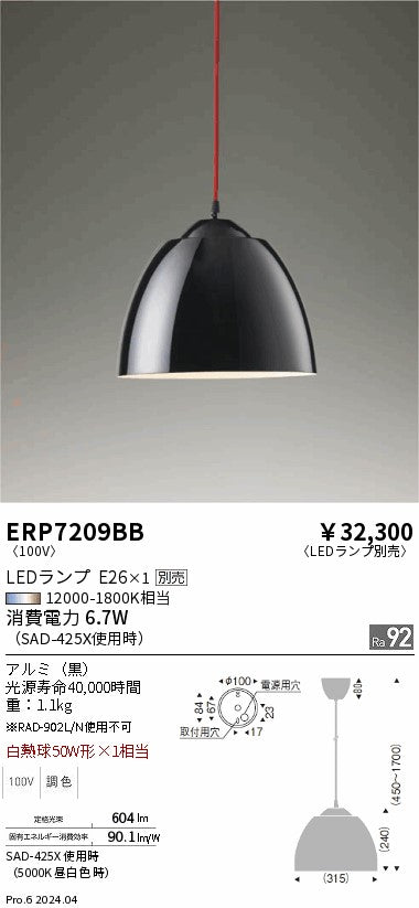 遠藤照明（ENDO）ペンダント ERP7209BB