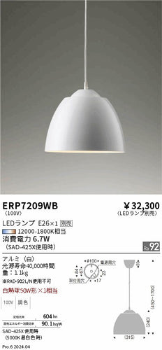 遠藤照明（ENDO）ペンダント ERP7209WB