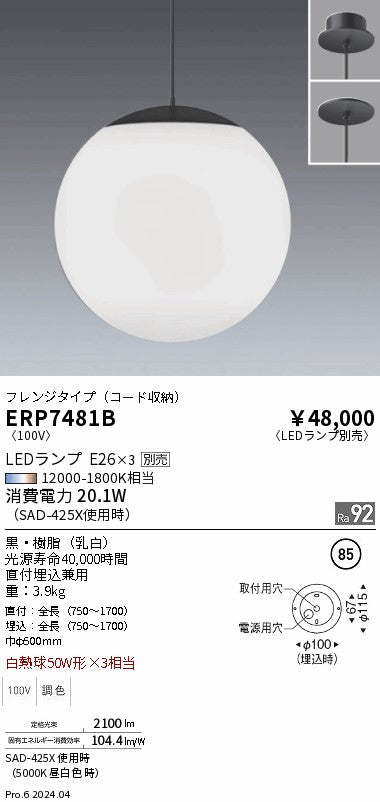 遠藤照明（ENDO）ペンダント ERP7481B