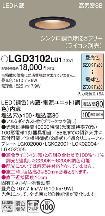 パナソニック（PANASONIC）ダウンライト LGD3102LU1