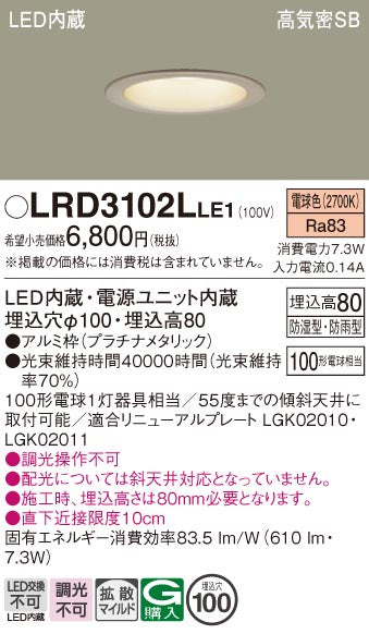 パナソニック（PANASONIC）ポーチライト LRD3102LLE1