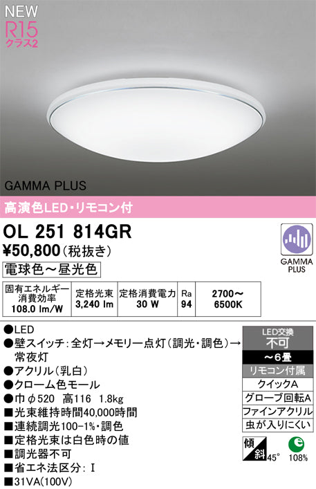 オーデリック（ODELIC）シーリングライト OL251814GR