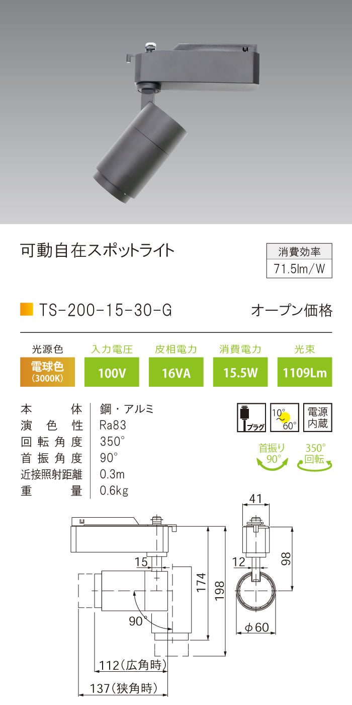 テスライティング（TES LIGHTING）スポットライト TS-200-15-30-G