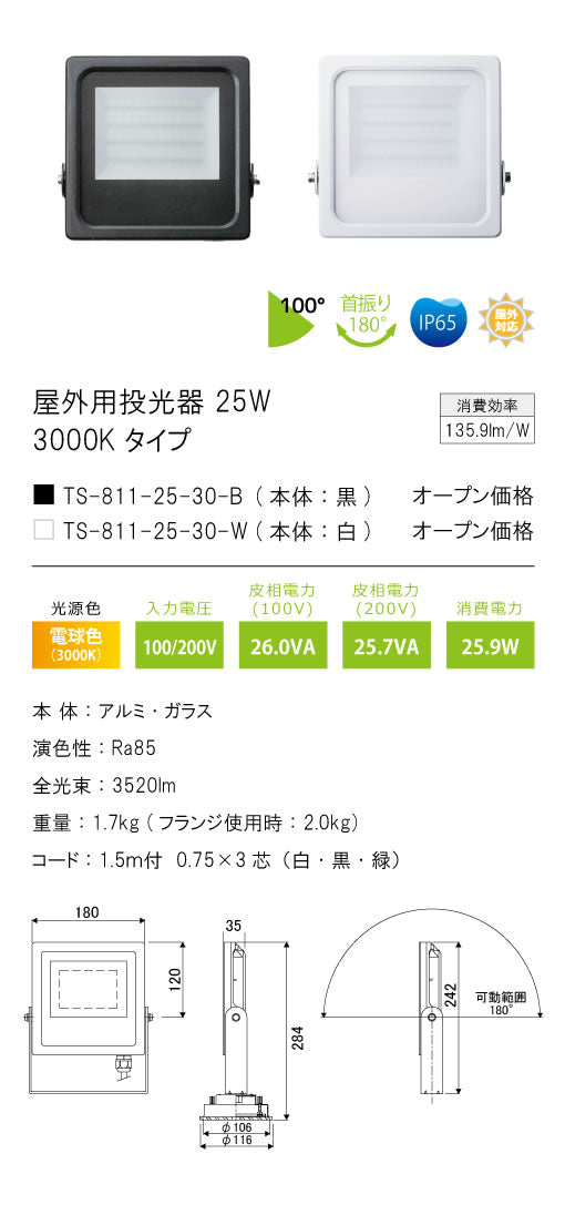 テスライティング（TES LIGHTING）屋外灯 TS-811-25-30-B