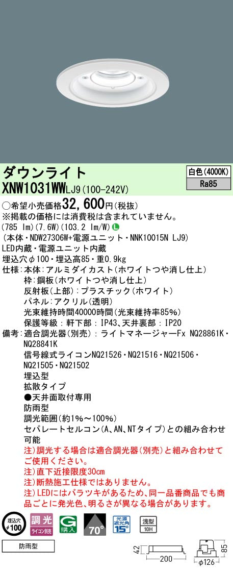 パナソニック（PANASONIC）ポーチライト XNW1031WWLJ9