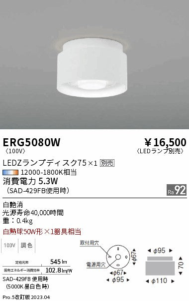 遠藤照明（ENDO）シーリングライト ERG5080W