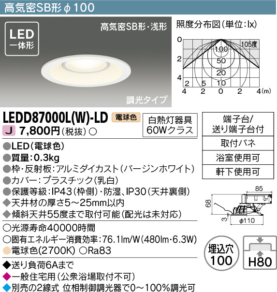 東芝（TOSHIBA）ダウンライト LEDD87000LW-LD