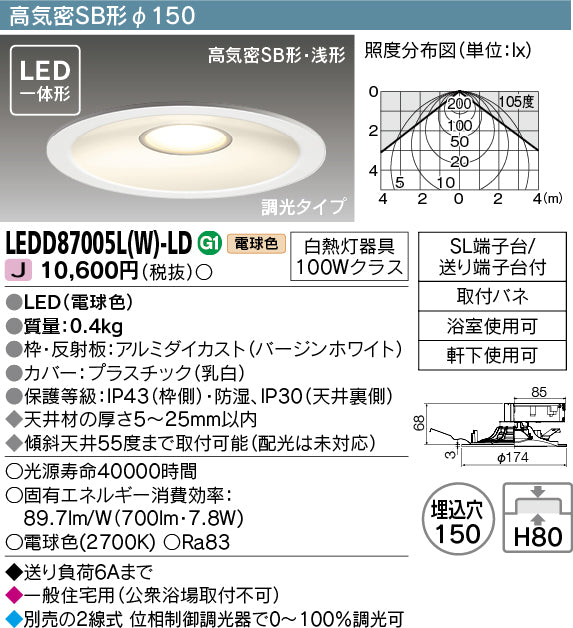 東芝（TOSHIBA）ダウンライト LEDD87005LW-LD